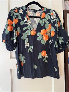 Ann Taylor Factory Navy Top with Orange Fruit Print